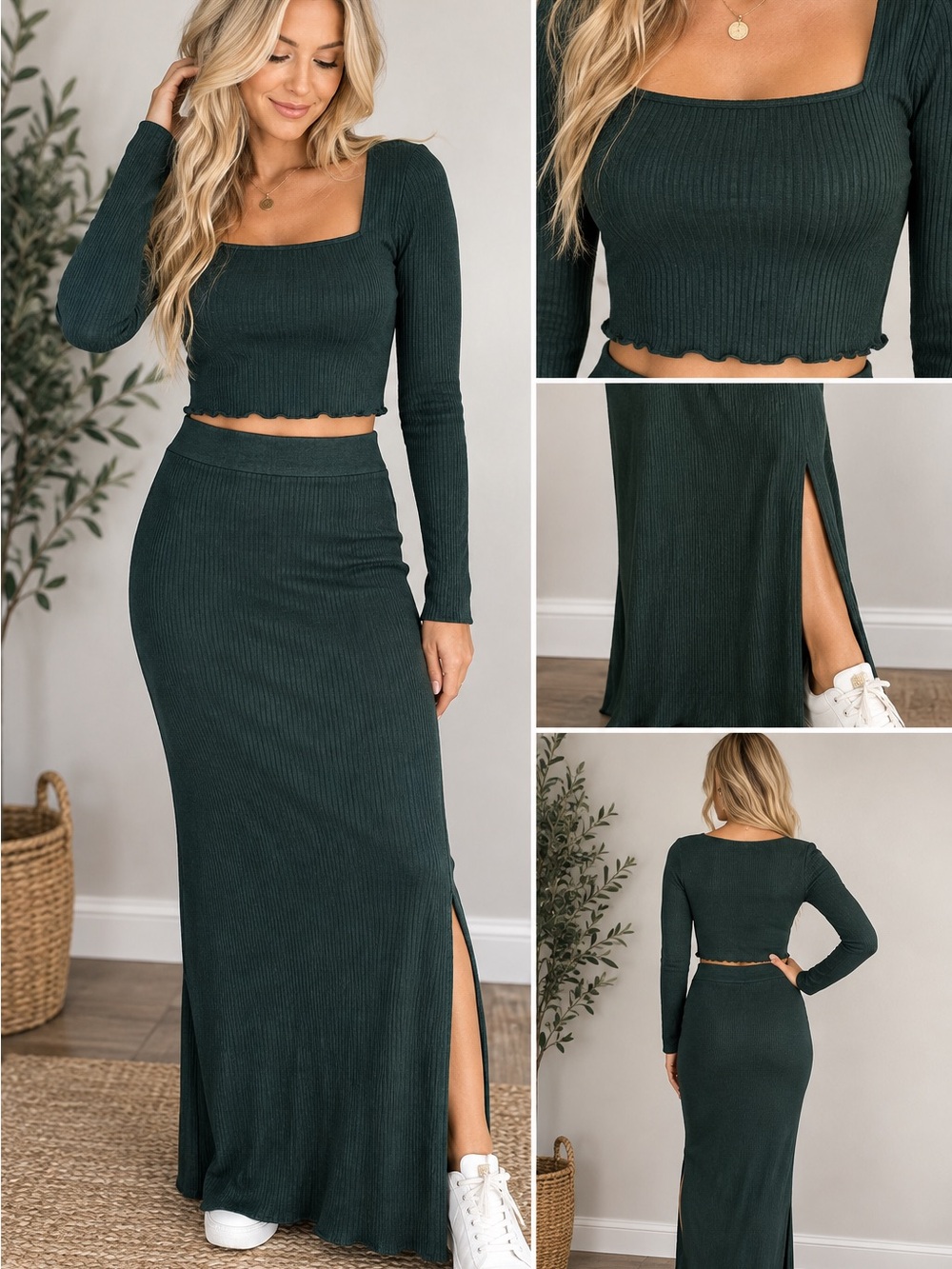 Double Zero Green Ribbed Crop Top + Maxi Skirt Set S